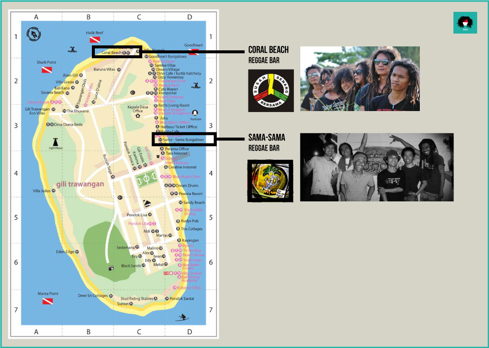 Carte de bars reggae à Gili Trawangan S2B balisolo Joe Mellow Mood coral beach samasama