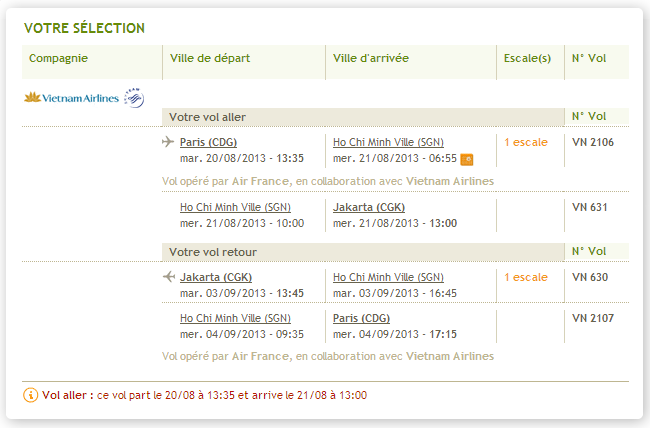 Billet GoVoyages Vietnam Airlines Paris Jakarta