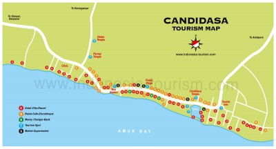 Carte de la ville de Candidasa à l'est de Bali en Indonésie