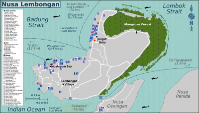 Carte de l'île de Nusa Lembongan et Nusa Ceningan au sud de Bali en Indonésie