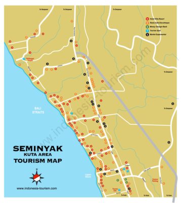 Carte de la ville de Seminyak au sud de Bali en Indonésie