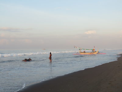 Homme qui donne le bain à ses buffles sur la plage de Air Kuning